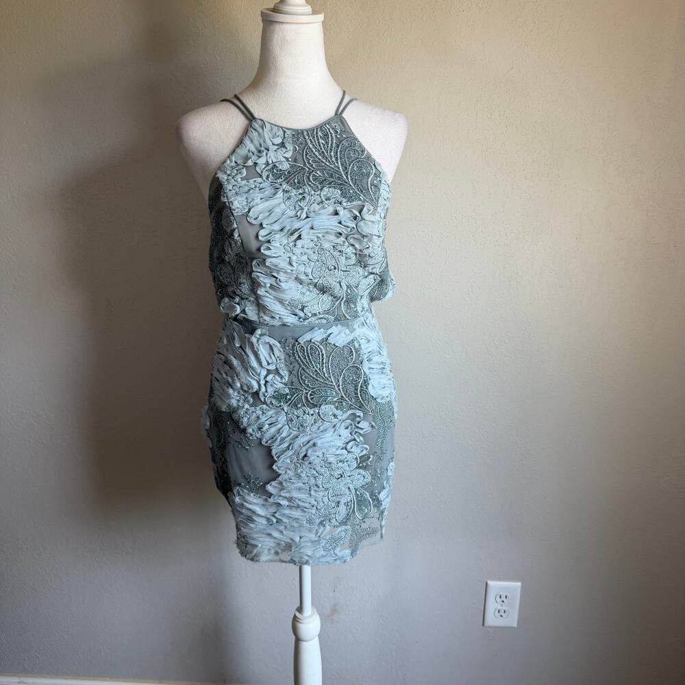 Marchesa Notte Light Blue Floral Embellished Criss Cross Tie Back Dress Womens 2